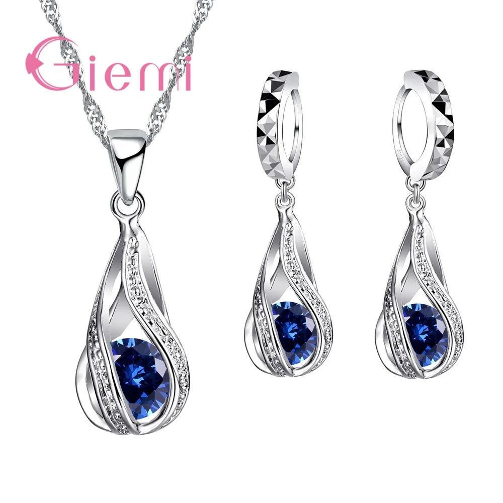 100% 925 Sterling Silver New Water Drop Cubic Zircon Pendant Necklace&Earrings for Women Ladies Jewelry Sets Wedding