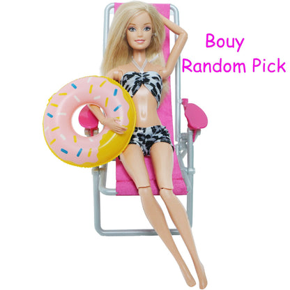 3 Pcs/Lot = 1x Swimsuit Bikini + 1x Random Swimming Buoy Lifebelt Ring +1x Pink Foldable Beach Chair Accessories for Barbie Doll