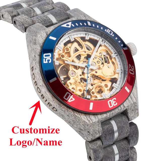 Wooden Automatic Mechanical Watch Men Wristwatch BOBO BIRD Top Luminous Hands Clock Custom Relogio Masculino
