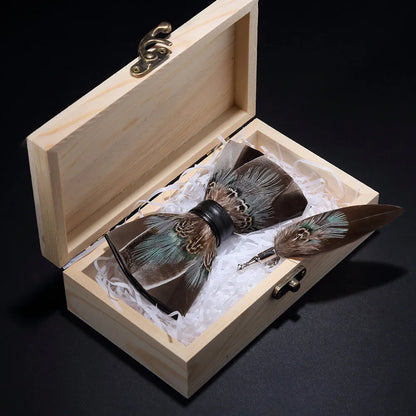 KAMBERFT Design Handmade Feather Bow Tie Brooch Wooden Box Set High Quality Men's Bowtie Leather Tie for Wedding Party Banquet
