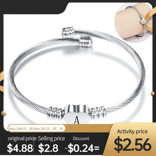 Heart Charm Bangle With Initial Alphabet Letter Engrave High Quality Women Jewelry Cuff Bangles Party