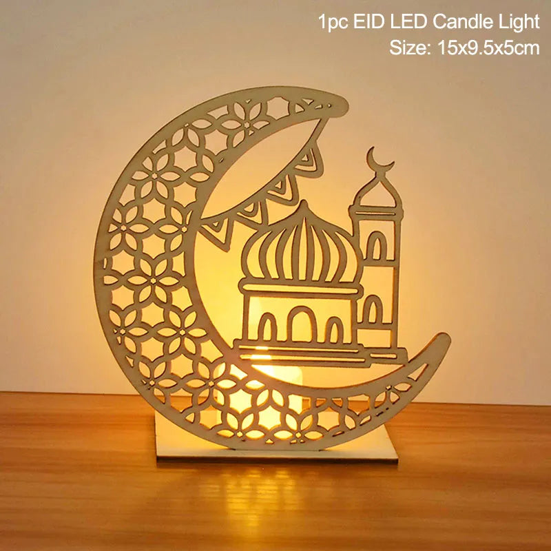 EID Mubarak Wooden Pendant With LED Candles Light Ramadan Decorations for Home Islamic Muslim Party Eid Decor Kareem Ramadan