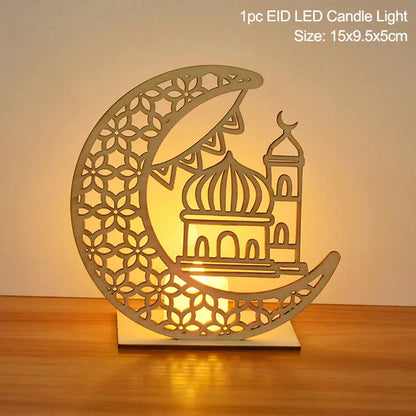 EID Mubarak Wooden Pendant With LED Candles Light Ramadan Decorations for Home Islamic Muslim Party Eid Decor Kareem Ramadan