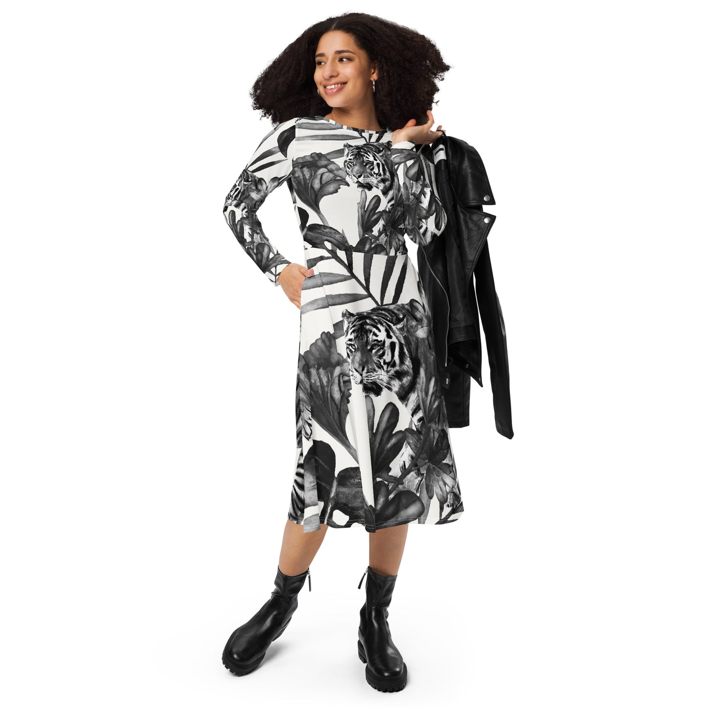TIGER PRINT-All-over print long sleeve midi dress