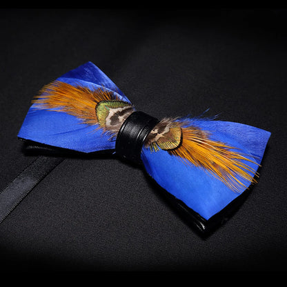 KAMBERFT Designer Brand Handmade Feather and Leather Pre-Tied Bow Tie and Brooch Sets for Men Wedding Party Best Cravate