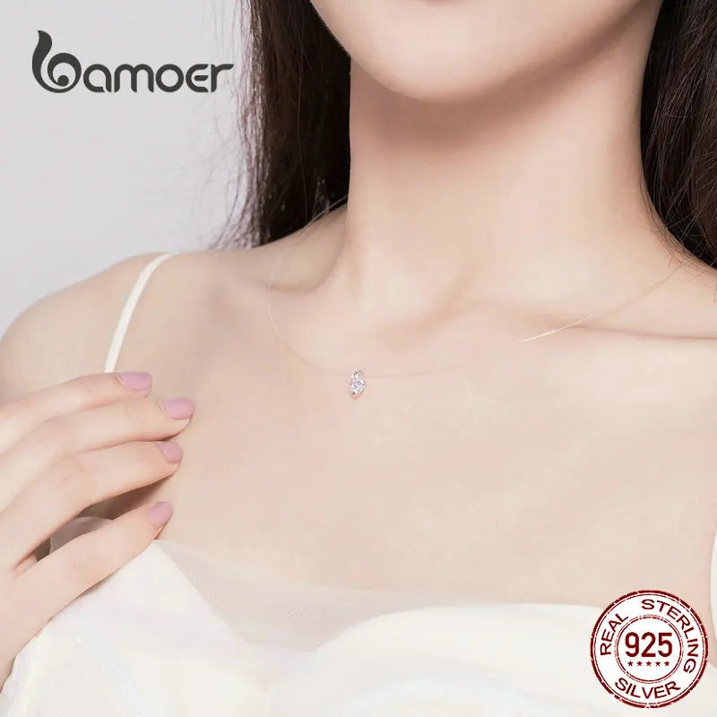Bamoer Silver Invisible Chain Necklaces Pendants Rhinestone Choker Necklaces Transparent Fishing Line Collier Femme SCN332