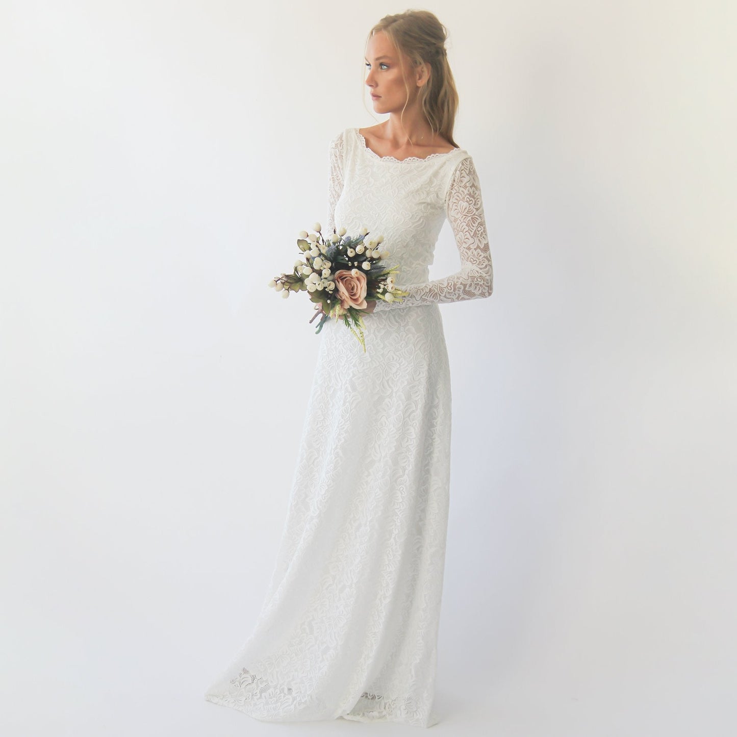 Bestseller Long Sleeves Boat Neckline Modest Wedding Dress #1297