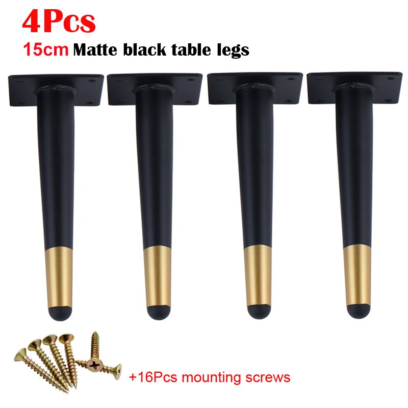 4Pcs Furniture Table Legs Black Gold Metal Tapered Feet for Sofa Cupboard Wardrobe TV Cabinet Chair 10-45cm With Mounting Screws