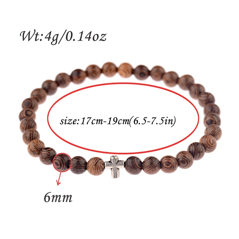Hot Men Natural Wood Beads Cross Bracelets Onyx Meditation Prayer Bead Bracelet Women Wooden Yoga Jewelry Homme