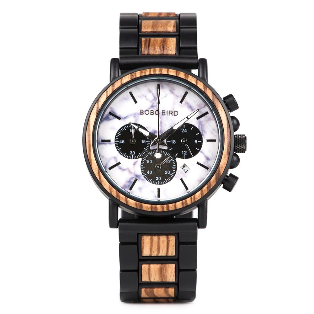BOBO BIRD Luxury Wood Stainless Steel Men Watch Stylish Wooden Timepieces Chronograph Quartz Watches Relogio Masculino Man