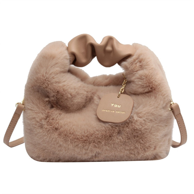 Women Faux Fur Handbags Zipper Small Lady Shoulder Crossbody Bag Casual Tote Half-Moon Hobos Winder