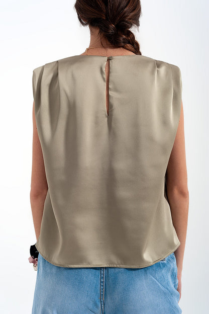 Gathered Satin Shoulder Pad Sleeveless Top in Green
