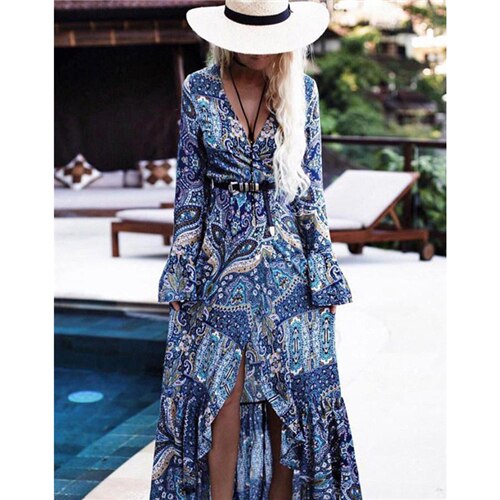 Women Summer Dress Boho Style Women Long Maxi Evening Party Dress Vintage Floral v Neck High Split Beach Dresses Su