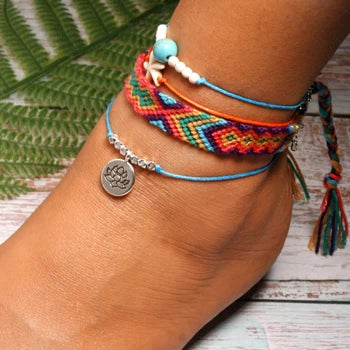MOON GIRL Handmade Weave Bobo Lotus Anklet Set Fashion Starfish 4 Pieces Bohemian Chic Summer Bracelet Ankle for Women