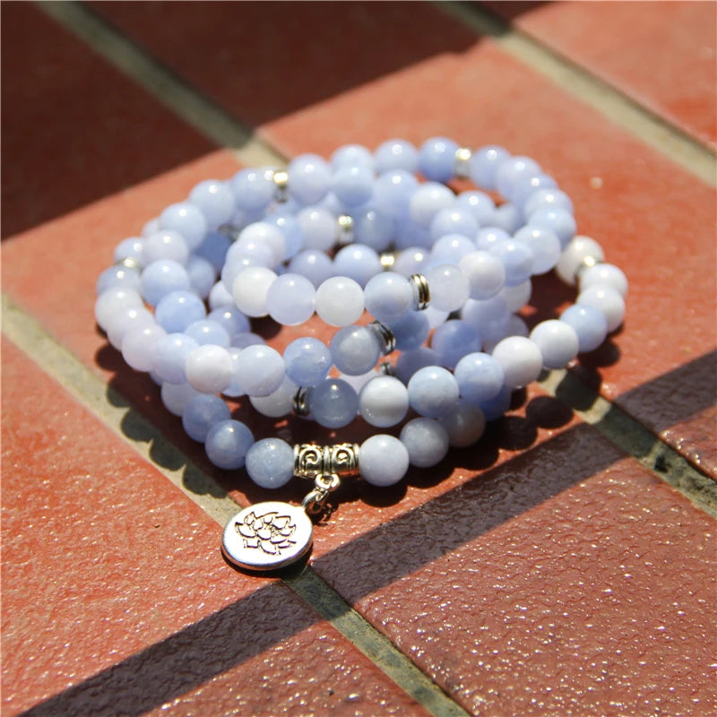 108 Mala Aquamarines With Lotus OM Buddha Charm Yoga Bracelet or Necklace for Me Women Blue Natural Stone Jewelry