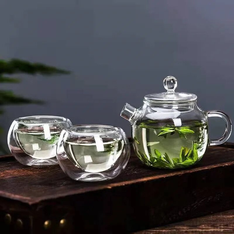 1Pcs 120ML Mini Glass Teapot and 50ml Double Glass Cup Japanese Style Tea Maker