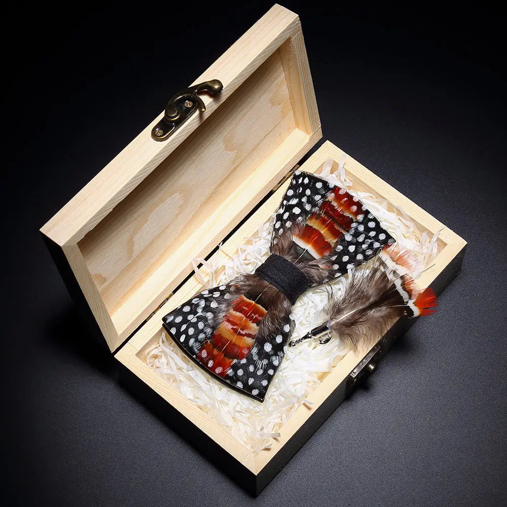KAMBERFT Design Handmade Feather Bow Tie Brooch Wooden Box Set High Quality Men's Bowtie Leather Tie for Wedding Party Banquet
