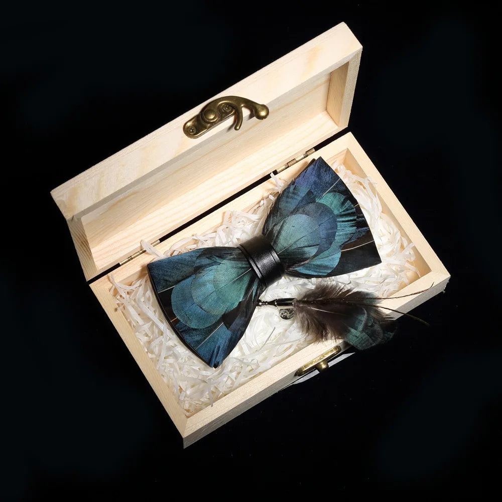 KAMBERFT Design Handmade Feather Bow Tie Brooch Wooden Box Set High Quality Men's Bowtie Leather Tie for Wedding Party Banquet