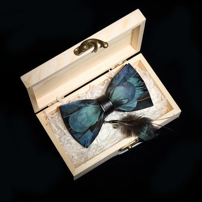 KAMBERFT Design Handmade Feather Bow Tie Brooch Wooden Box Set High Quality Men's Bowtie Leather Tie for Wedding Party Banquet