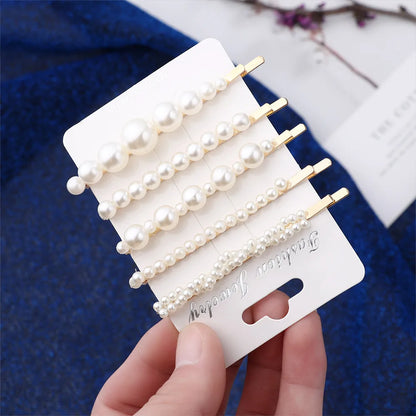5Pcs/Set Pearl Hair Clip Snap Button Hair Pins for Women Sweet Pearl Hairpin Hair Clips Jewelry Lady Barrette Stick