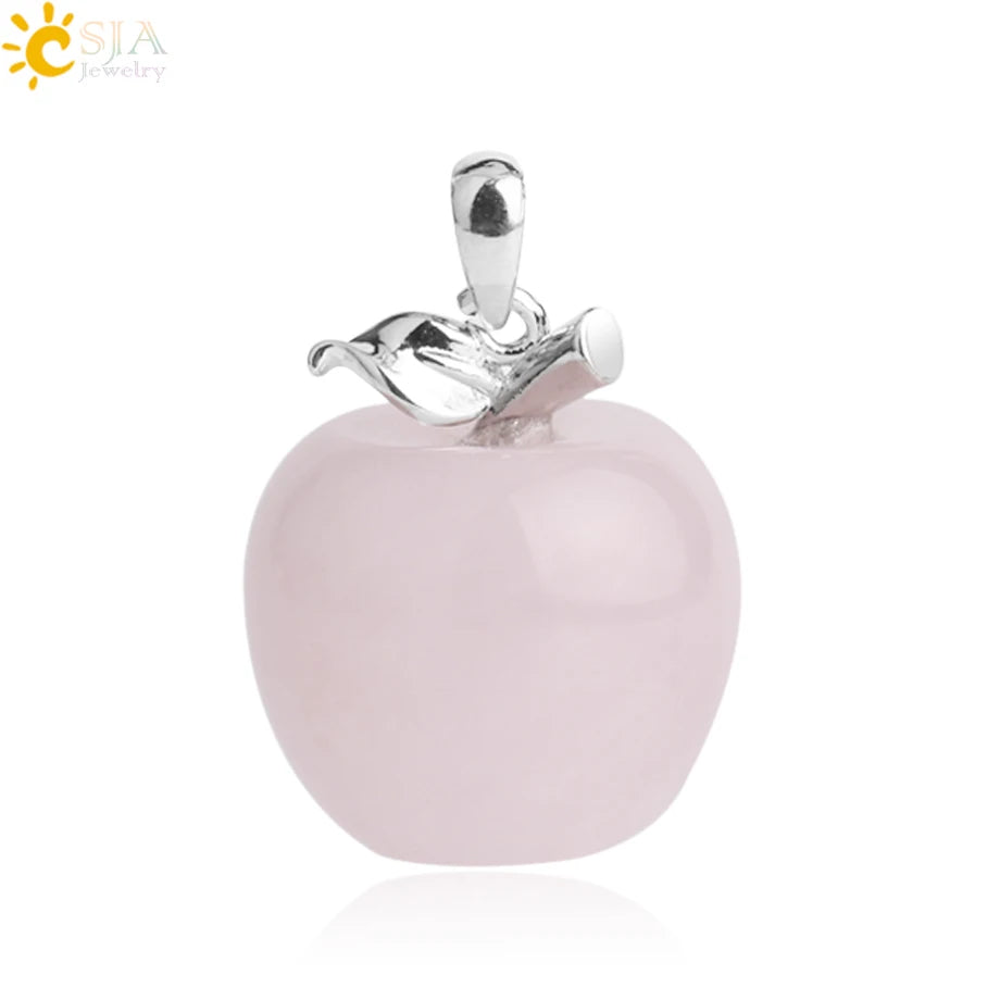 CSJA Apple Natural Stone Pendant Crystal Amethysts Pendants Rose Pink Quartz Necklaces Jewelry for Female Women Chrismtas G046