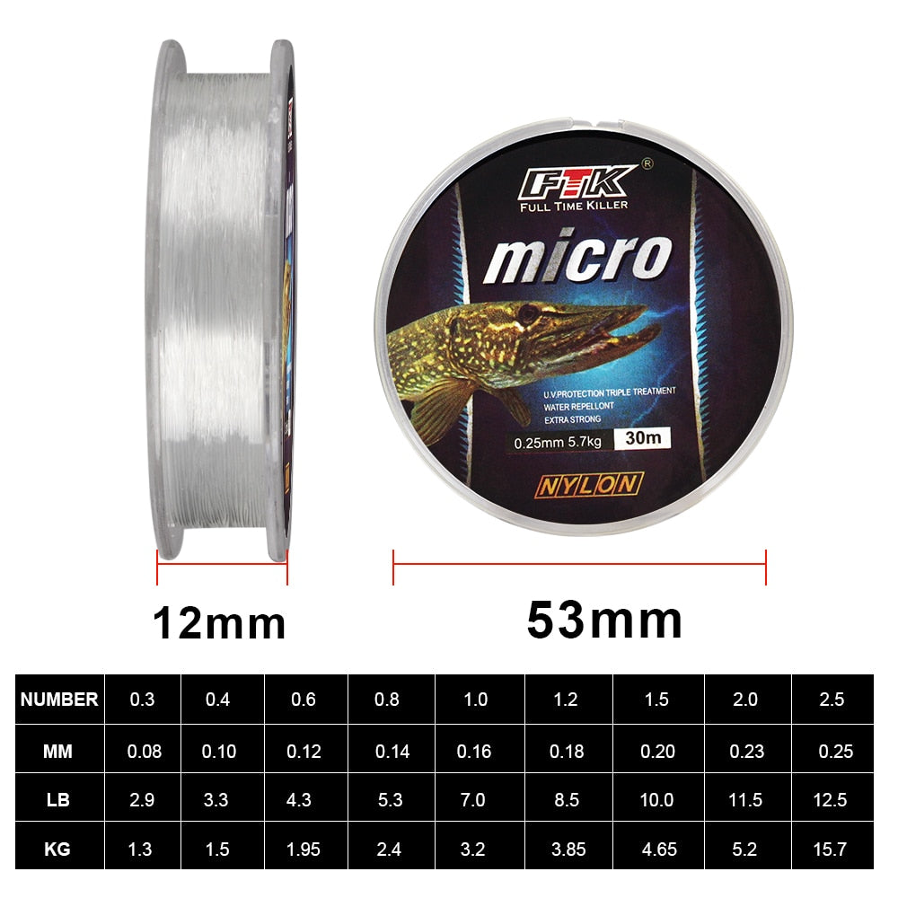 FTK  Ice Fishing Nylon Line 30M 2.9-12.5lb 1.3-5.7kg 0.08-0.25 DIA/MM Fishing Line Transparent for Carp Wire Winter Ice Nylon