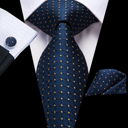Business Tie for Men Silk Blue Tie Dots Necktie Set Plaid Cufflinks for Wedding Business Tie 150cm Hi-Tie SN-3529