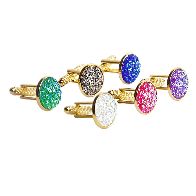 Simple Luxury Colorful Drusy Stone Cufflinks for Men Women Round Rhinestone Cuff Links Novelty Shirt Sleeve Buttons Accessories