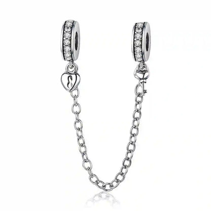BISAER 925 Sterling Silver Safety Chain Collection Heart Star Charms  Silicone Bead Fit Women Bracelet Fine Jewelry Accessories