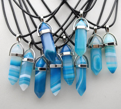 1PCS Natural Stone Quartz Crystal Opal Agates Hexagonal Column Pendulum Pendant Leather Chains Necklace Fashion Charms Pendant