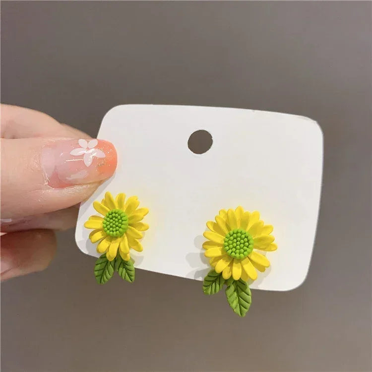 Korean Jewelry Fresh Cute Hook Drop Oil Flower Stud Earrings Crystal Earring for Women