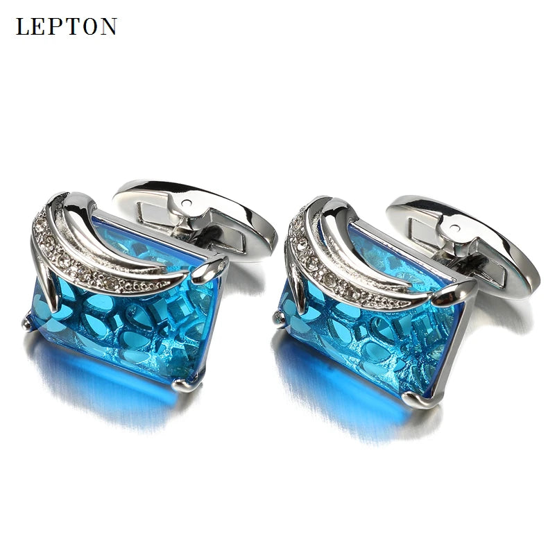 Low-Key Luxury Blue Glass Cufflinks for Mens Lepton Brand High Quality Square Crystal Cufflinks Shirt Cuff Links Relojes Gemelos