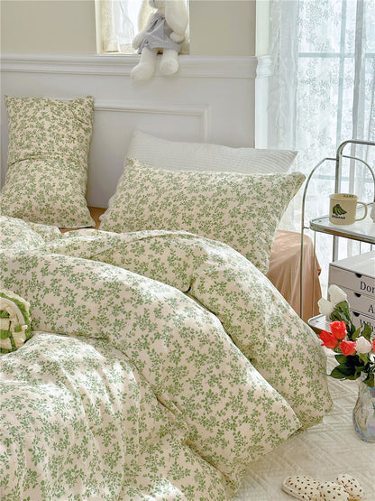 Double Layer Cotton Bedding Set Infant Class Softness Floral Design Duvet Cover Bed Sheet Pillowcases 4 Pieces Bedding Set
