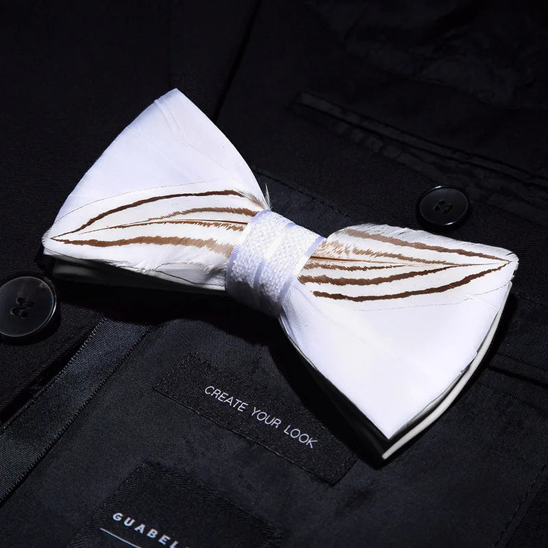 KAMBERFT Designer Brand Handmade Feather and Leather Pre-Tied Bow Tie and Brooch Sets for Men Wedding Party Best Cravate