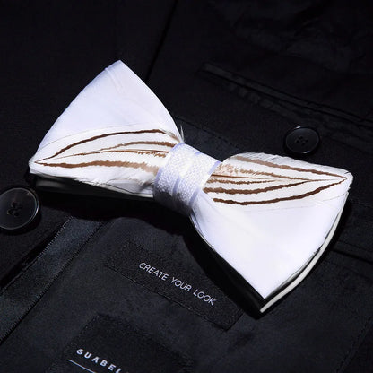 KAMBERFT Designer Brand Handmade Feather and Leather Pre-Tied Bow Tie and Brooch Sets for Men Wedding Party Best Cravate