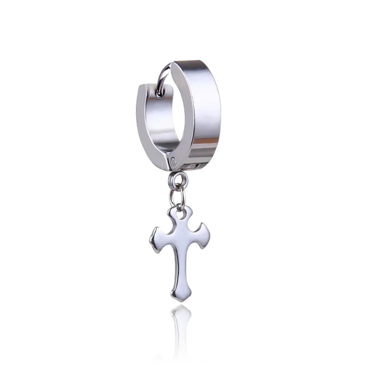 1 Piece Men Cross Stars Pendant Punk Round Cartilage Stainless Steel Earring for Men Piercing Stud Earrings for Women
