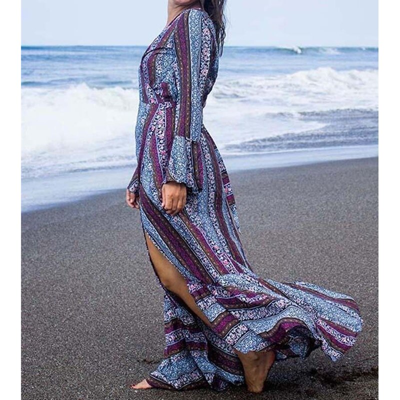 Women Summer Dress Boho Style Women Long Maxi Evening Party Dress Vintage Floral v Neck High Split Beach Dresses Su