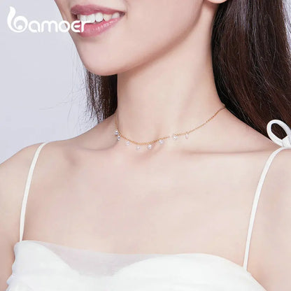 Bamoer 925 Sterling Silver 14K Gold Plated Dainty Chain Choker 5A Cubic Zirconia Pendant Necklace Women Girl Jewelry 16.53”