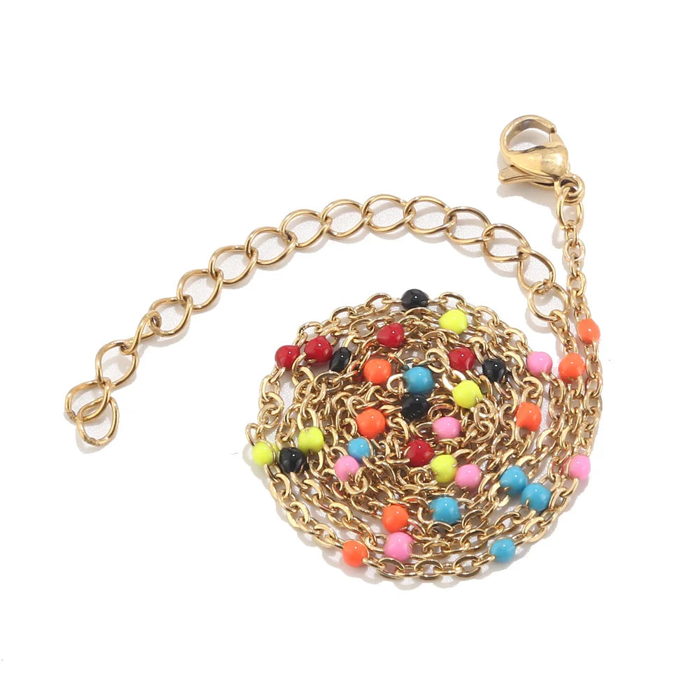 1pcs Stainless Steel Gold/Silver Color Choker Necklace Enamel Satellite Beaded Cable Ball Chain Choker Womens Necklaces