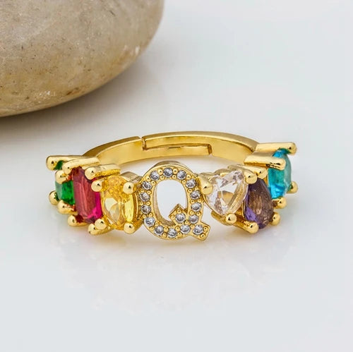 Adjustable A-Z Initial Ring Bohemian Copper Zircon  Rainbow Letter Rings for Women Girls Party Wedding Jewelry