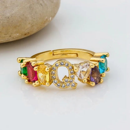 Adjustable A-Z Initial Ring Bohemian Copper Zircon  Rainbow Letter Rings for Women Girls Party Wedding Jewelry