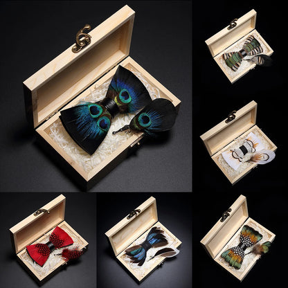 KAMBERFT Design Handmade Feather Bow Tie Brooch Wooden Box Set High Quality Men's Bowtie Leather Tie for Wedding Party Banquet