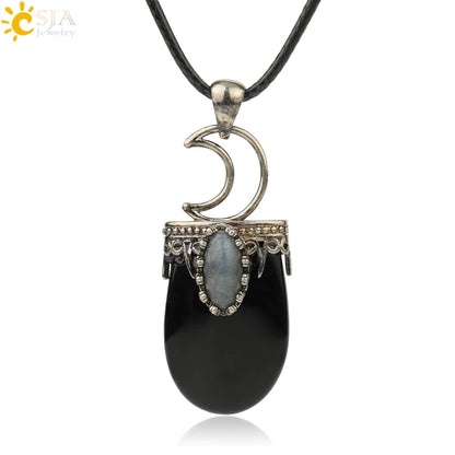 CSJA Natural Stone Crystal Pendants Necklace Antique Silver Color Purple Pink Quartz Necklace Jewelry Crown Moon Charm G274