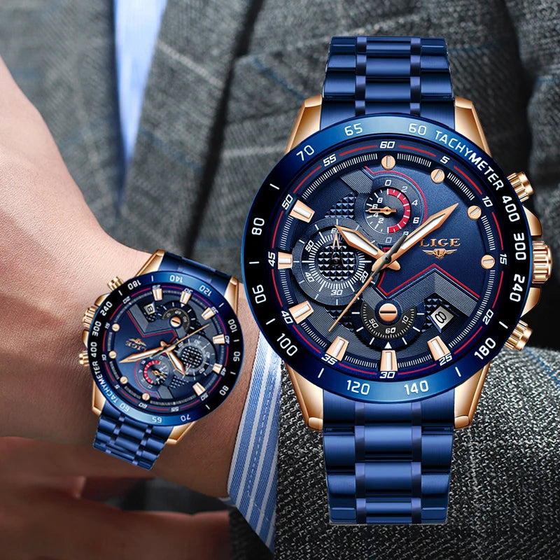2022 LIGE New Blue Fashion Business Clock Mens Watches Top Brand Luxury All Steel Waterproof Quartz Gold Watch Relogio Masculino