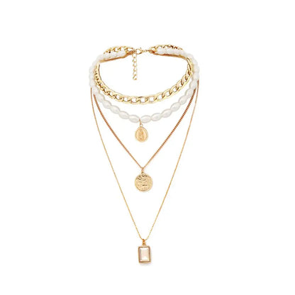 IngeSight.Z Punk Multi Layered Imitation Pearl Choker Necklace Collar Virgin Mary Coin Crystal Pendant Neck Women Jewelry