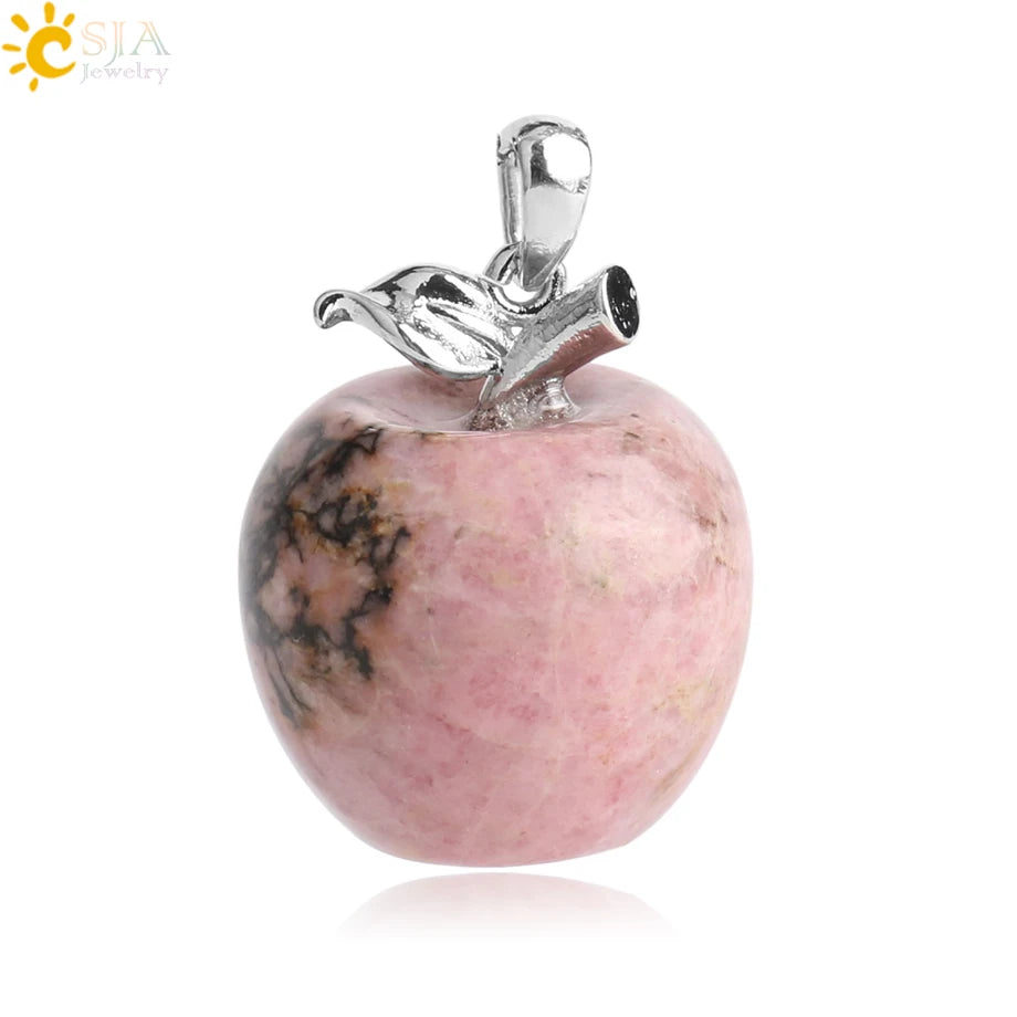 CSJA Apple Natural Stone Pendant Crystal Amethysts Pendants Rose Pink Quartz Necklaces Jewelry for Female Women Chrismtas G046