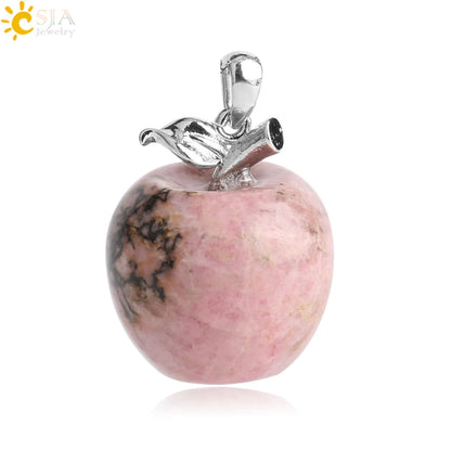 CSJA Apple Natural Stone Pendant Crystal Amethysts Pendants Rose Pink Quartz Necklaces Jewelry for Female Women Chrismtas G046