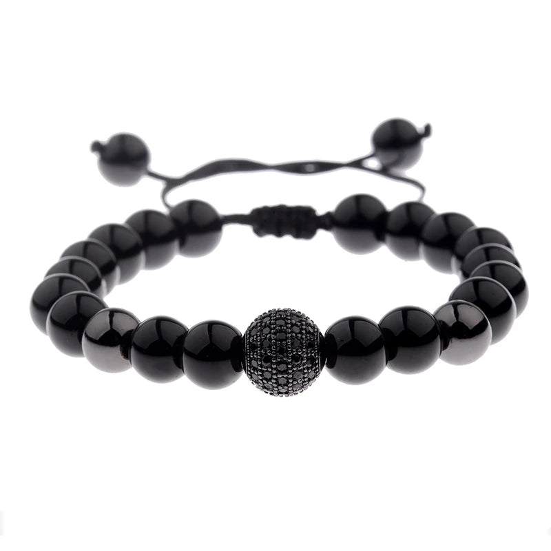 DOUVEI Round Black CZ Zircon Pave Lava Weaving Bracelet Men Beads Weaving Bracelet Homme Adjustable ABL005