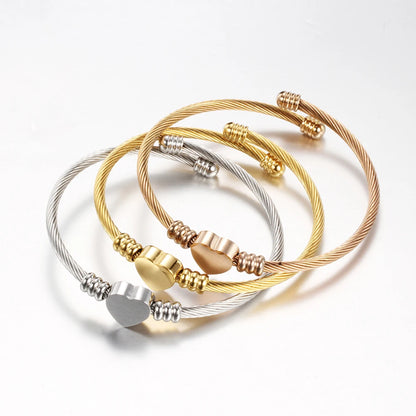 Fashion 3Colors Jewelry Women's Bijoux Bangles Stainless Steel Twisted Cable Wire Heart Charm Bracelet Bangle for Design