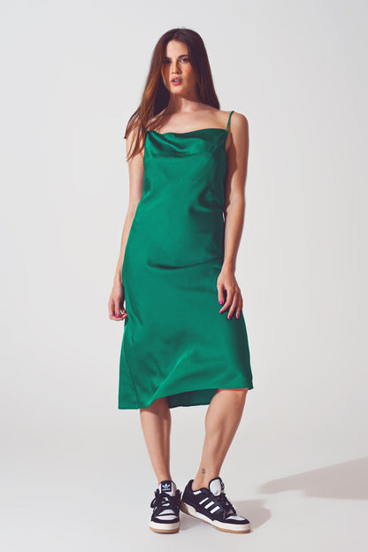 Satin Sleeveless Midi Dress in Bottle Green